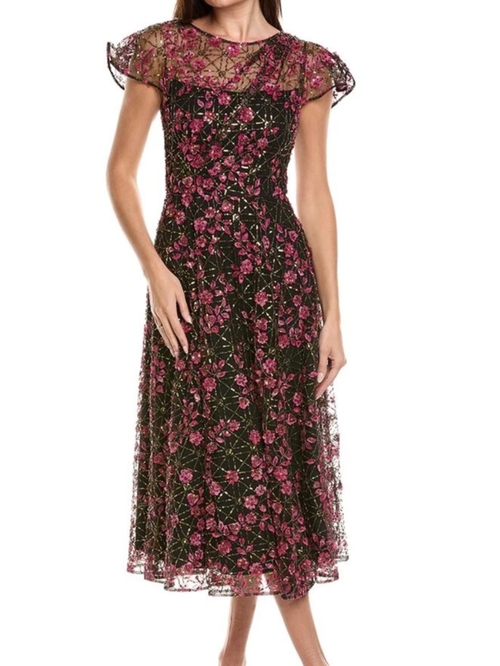 Theia Mariah Beaded Midi Dress Mesh Embroidered Floral Zinnia Black Sz 4 NWOT